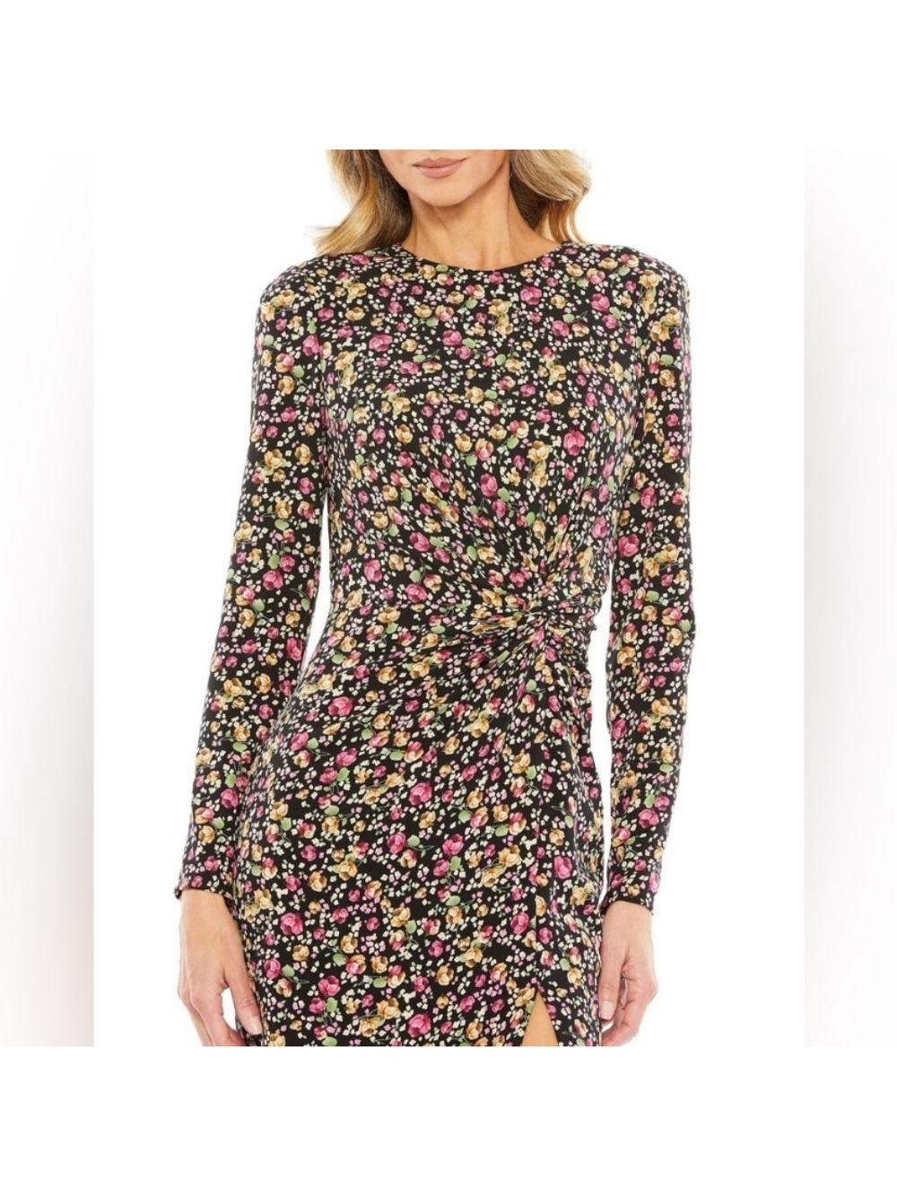 Long-Sleeve Floral Twist Dress in Black with Pink & Yellow Blooms